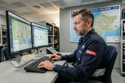 Pompier du SDIS Orne utilisant le logiciel Artemis sur un poste de commandement opérationnel