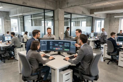 Équipe de prestataires informatiques au travail dans un open space moderne en Seine-Saint-Denis