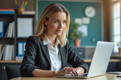 Professeure d age moyen travaillant sur son ordinateur dans un bureau scolaire