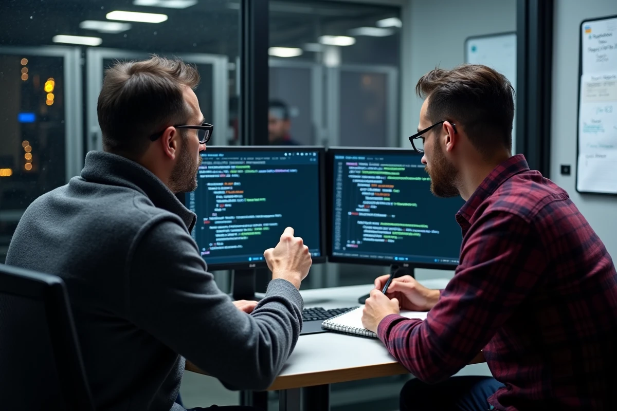 Deux professionnels de la sécurité informatique comparant les politiques secmodel et les matrices de permissions RBAC dans une salle serveur