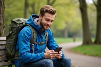 Jeune homme en plein air utilisant son smartphone en randonnée
