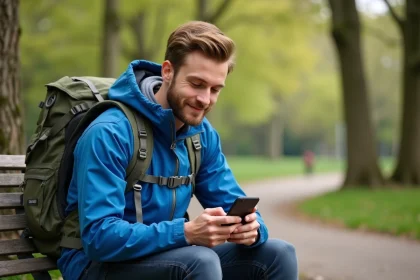 Jeune homme en plein air utilisant son smartphone en randonn&eacute;e