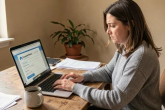 Femme récupérant son mot de passe Mail Versailles sur un ordinateur portable dans un bureau à domicile