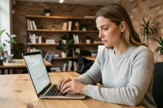 Femme professionnelle rédigeant une annonce Google Ads sur son ordinateur portable dans un bureau moderne