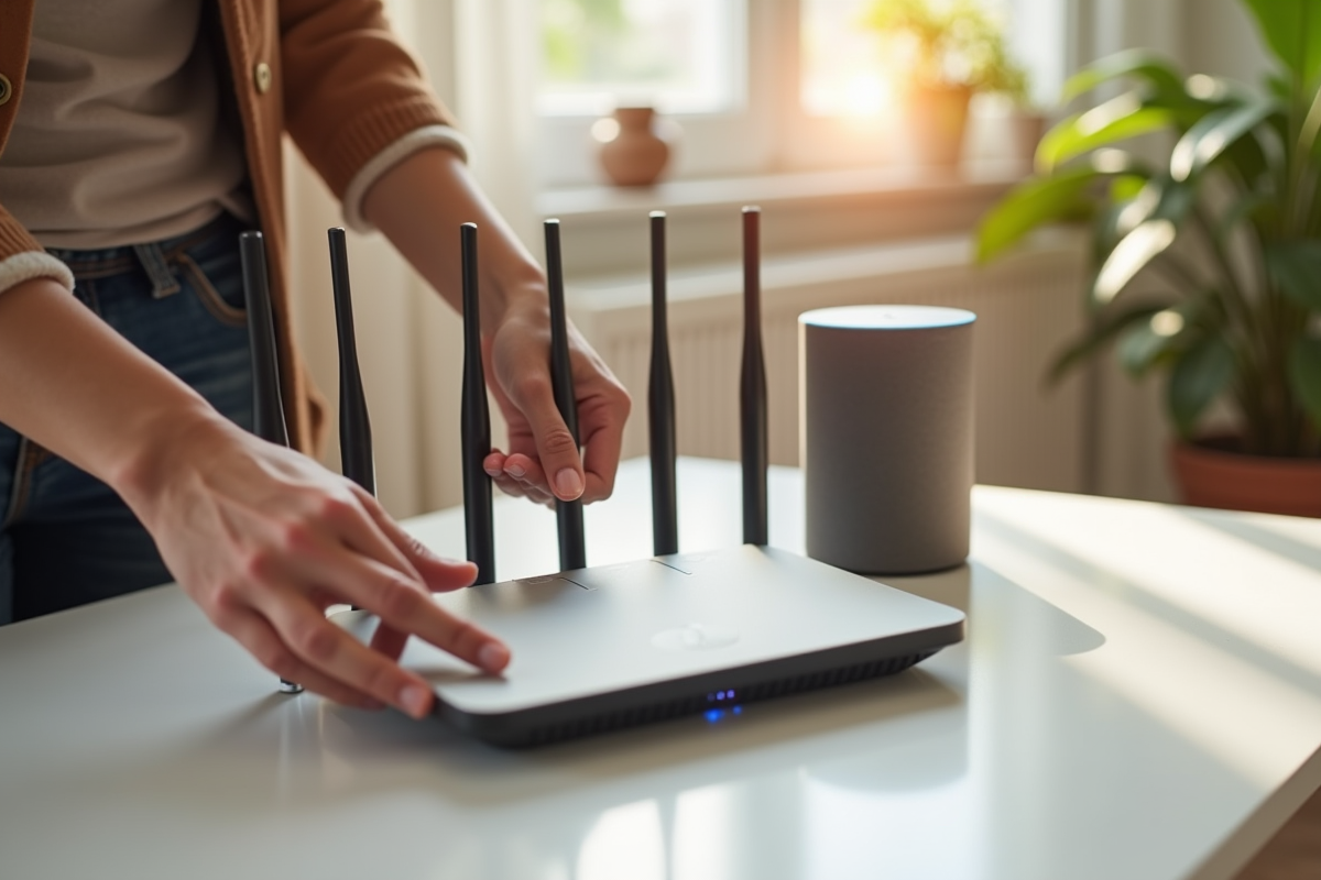 Mains ajustant un routeur WiFi près d