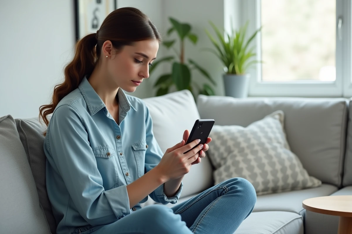 Femme consultant les paramètres de performance du Google Pixel 8a sur un canapé dans un salon scandinave