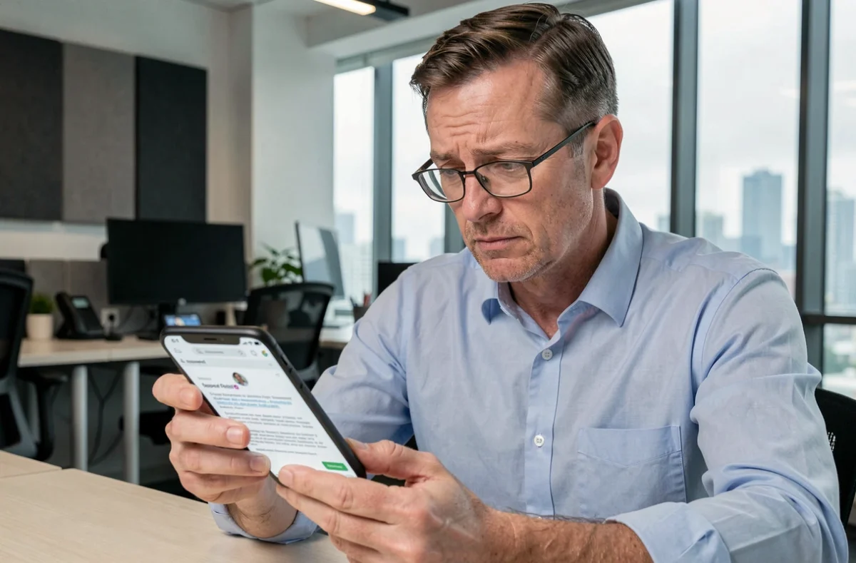 Homme consultant un email de réinitialisation de mot de passe Mail Versailles sur smartphone au bureau