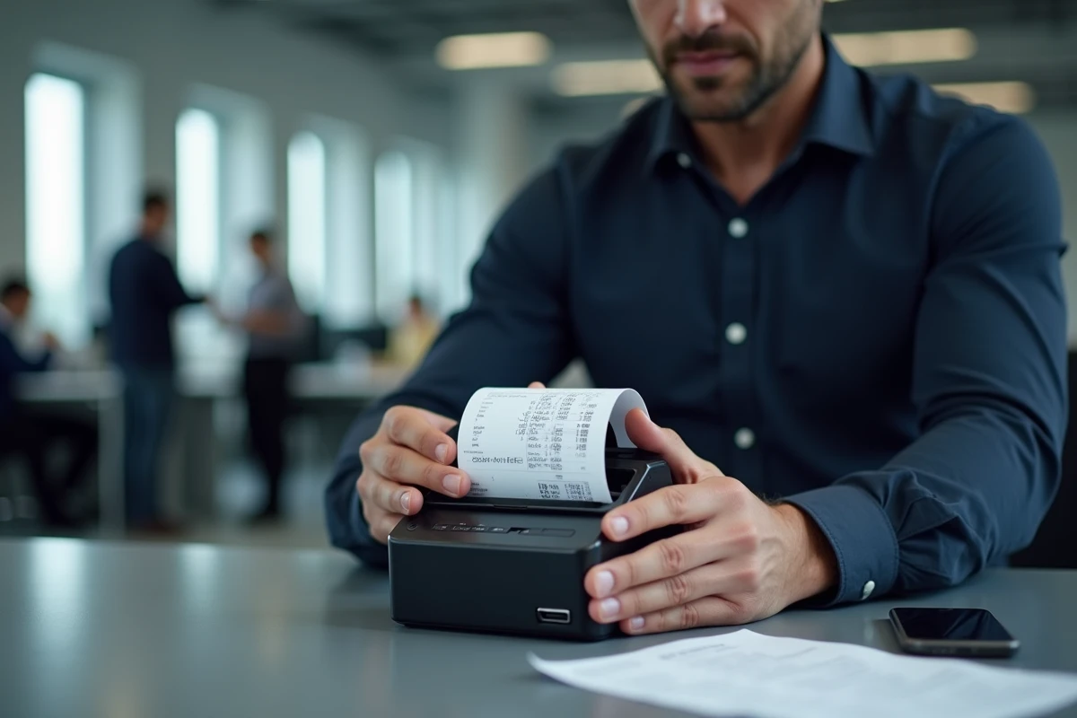 Homme remplaçant le rouleau de papier dans une mini imprimante portable dans un bureau moderne