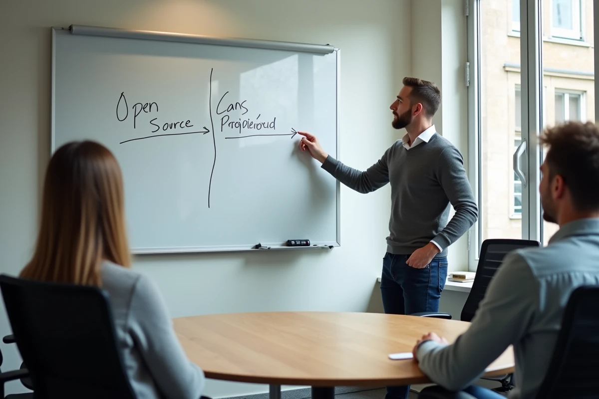 Équipe de PME en réunion pour choisir entre un logiciel open source et un outil propriétaire