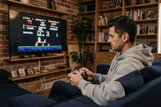 Homme jouant à une émulation de jeux rétro sur un grand écran TV dans un salon décoré avec des éléments gaming