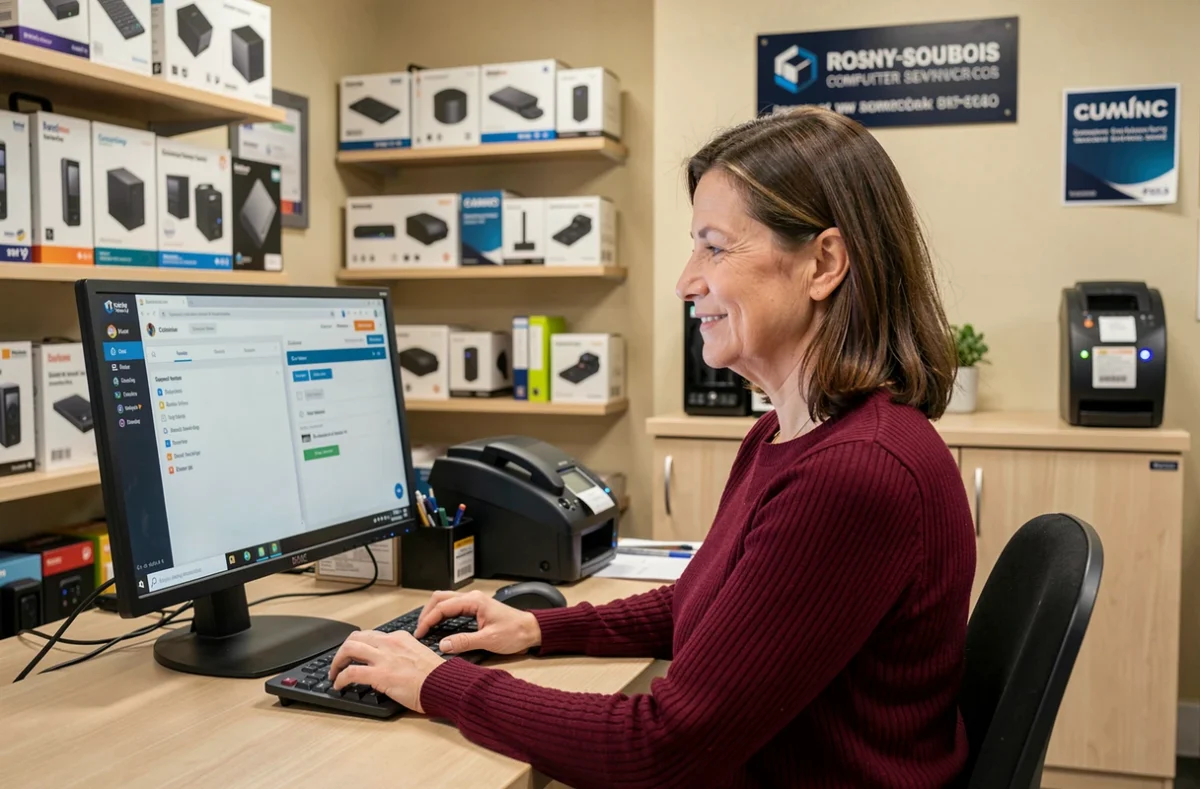 Spécialiste Rosny Informatique au bureau d'accueil d'une boutique de services informatiques