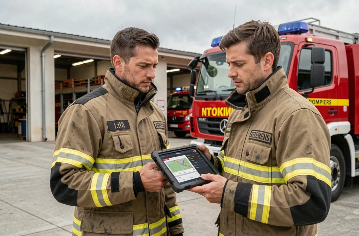 Sapeurs-pompiers du SDIS Orne consultant l'application mobile Artemis sur tablette avant une intervention