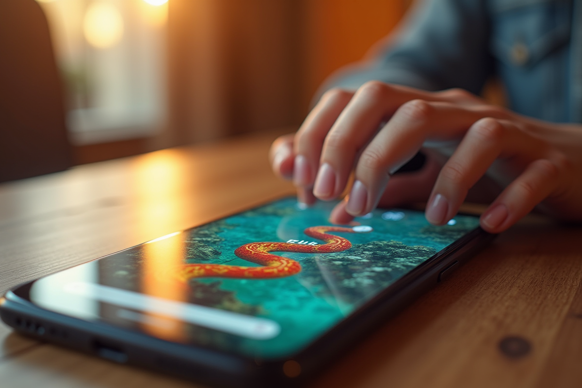 Gros plan sur un smartphone affichant le jeu Snake de Google en matinée
