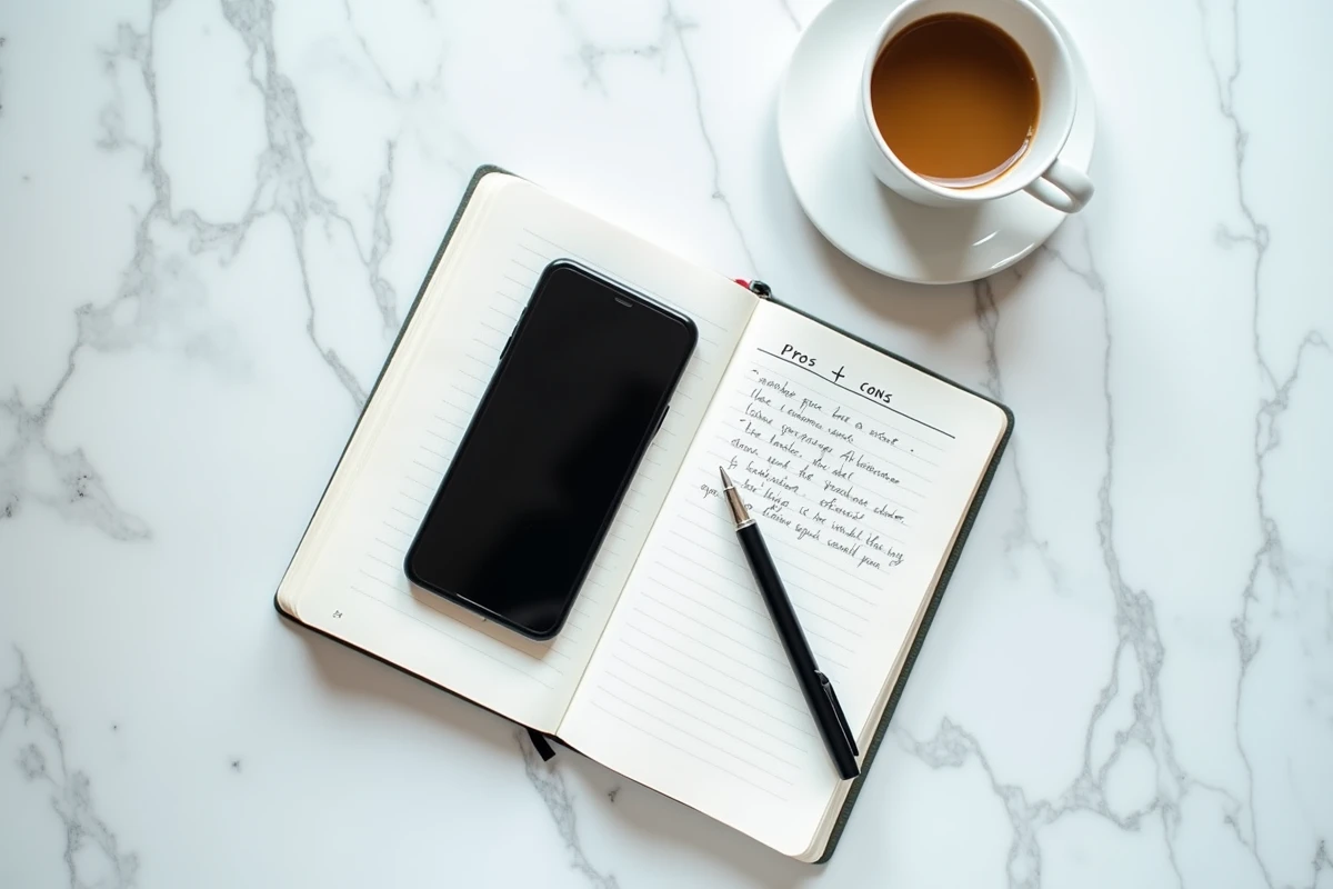 Smartphone posé sur marbre avec cahier de notes manuscrites pour décider de changer de téléphone iPhone