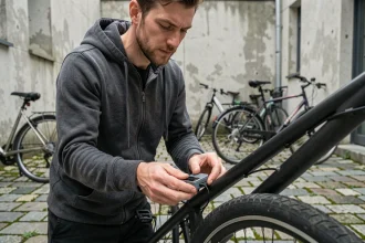 Homme attachant un traceur GPS compact sous un cadre de vélo dans une cour urbaine pavée