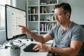 Homme consultant l'interface d'administration de sa Freebox pour surveiller les appareils connectés à son réseau domestique