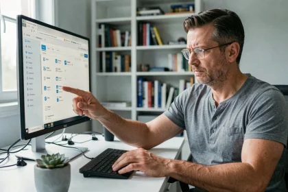 Homme consultant l'interface d'administration de sa Freebox pour surveiller les appareils connectés à son réseau domestique