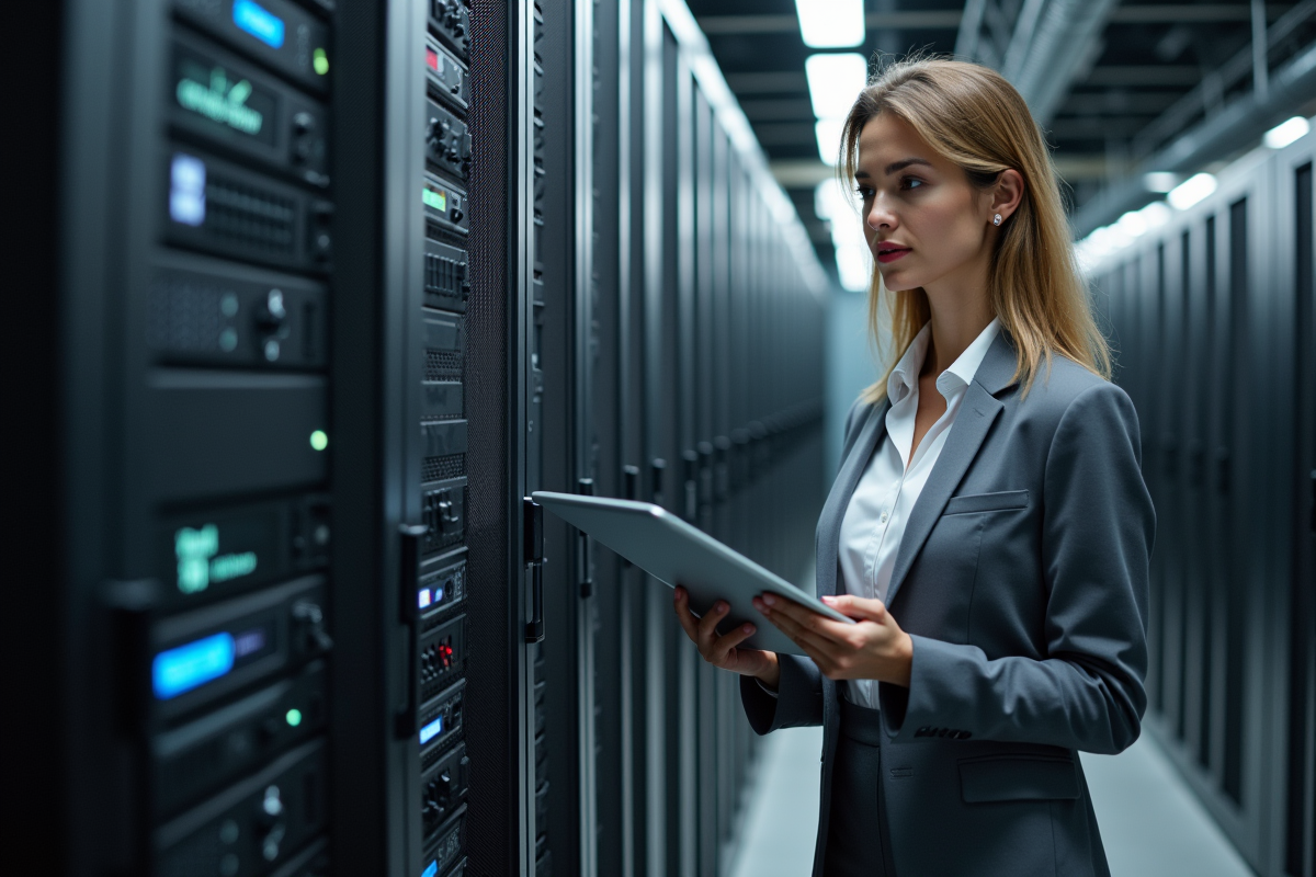 Femme ingénieure réseau inspectant un serveur avec une tablette