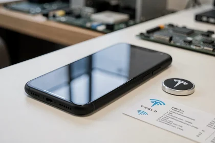 Concept de smartphone Tesla portable posé sur un bureau minimaliste avec logo Tesla et fiche technique 5G