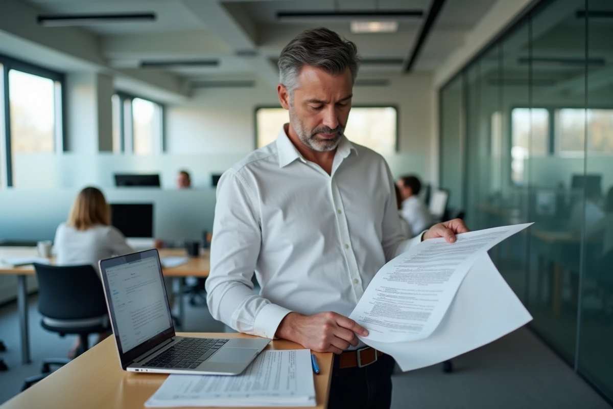 Professionnel en open space comparant un correcteur grammatical en ligne avec des annotations manuscrites pour évaluer ses performances