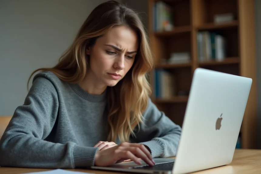 Femme appuyant sur la touche Maj d'un MacBook Pro avec une expression frustrée, inspectant le clavier de près dans un bureau à domicile moderne