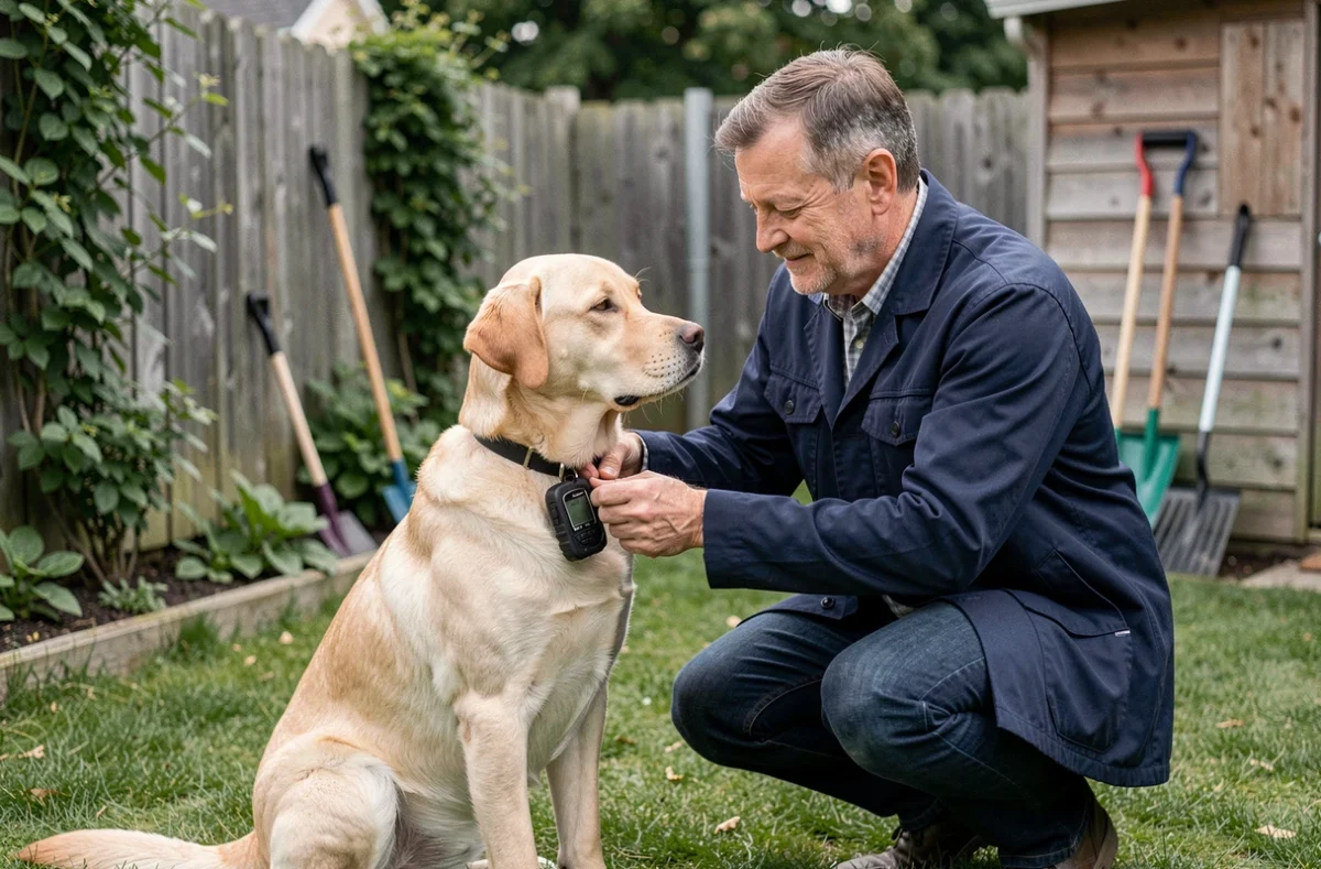 Homme fixant un traceur GPS au collier de son chien Labrador dans un jardin de banlieue