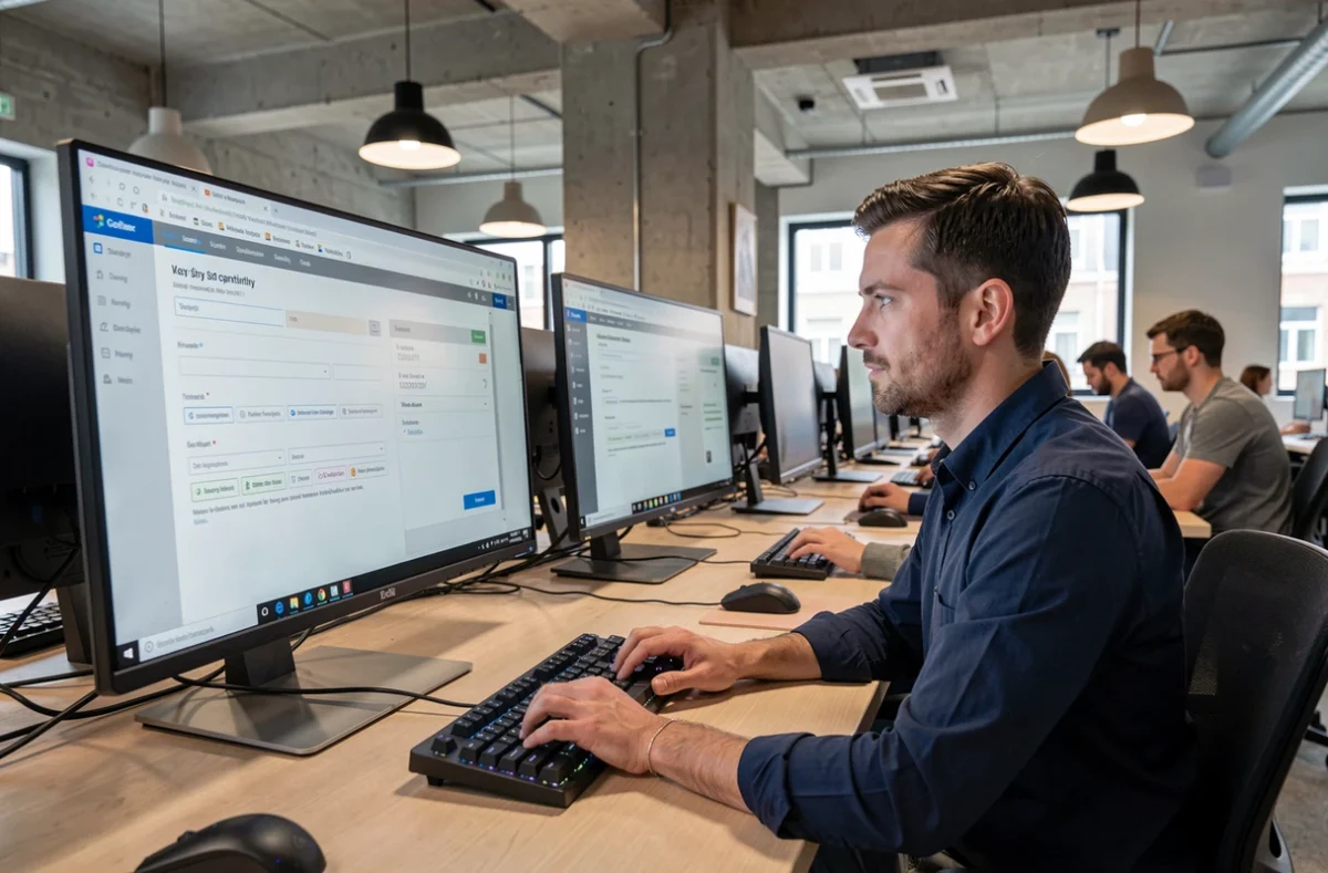 Homme suivant un tutoriel pas à pas pour créer un compte logiciel sur un grand écran en espace de co-working