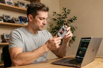 Homme tenant une cartouche Nintendo 64 portable devant un ordinateur portable affichant un émulateur rétro, dans un bureau à domicile avec décoration vintage