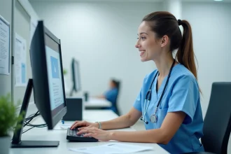 Vacataire hospitalière accédant à sa messagerie Zimbra sur un ordinateur au CHU de Reims