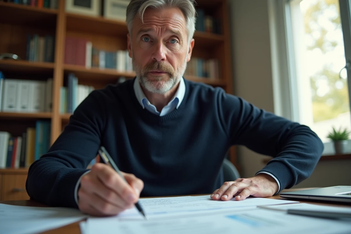Homme étudiant des documents administratifs à son bureau à domicile pour éviter des erreurs de dossier