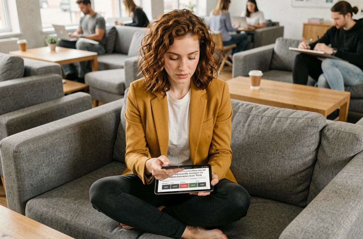 Jeune professionnelle vérifiant les limites de caractères d'une annonce Google Ads sur tablette dans un espace de coworking