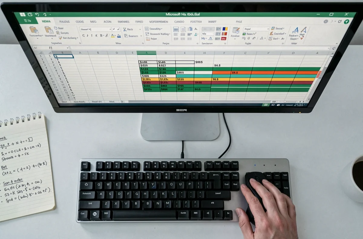 Vue aérienne d'un écran Excel affichant des références absolues avec signe dollar dans une formule de soustraction sur bureau épuré