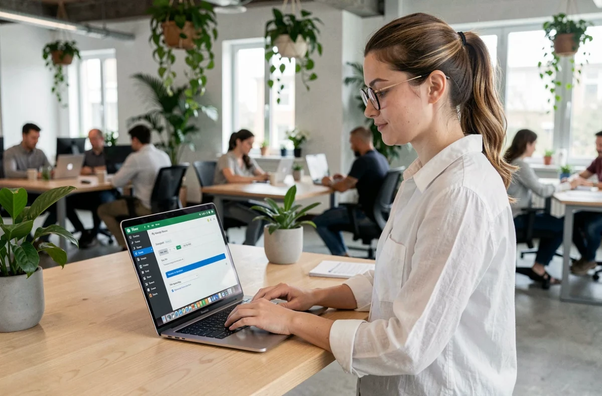 Webdesigneuse optimisant les paramètres de version PHP WordPress depuis un espace de coworking