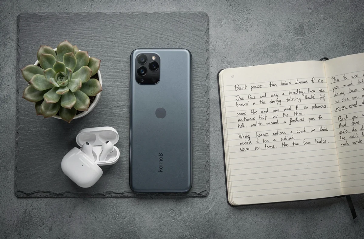 Flat-lay éditorial du Xiaomi 15 avec accessoires et notes manuscrites pour un article de test complet